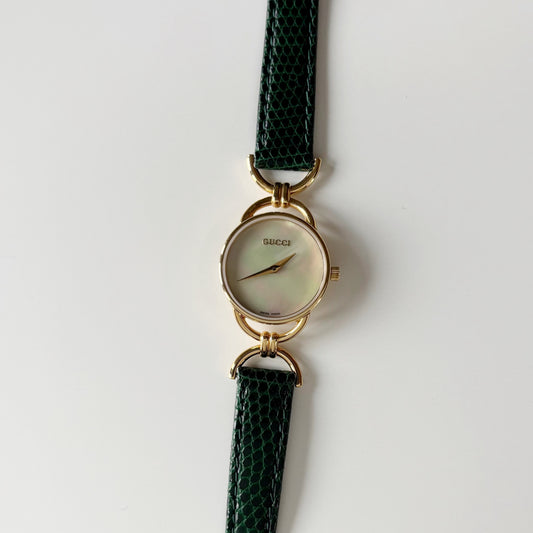 Gucci 1990s Seashell Dial Gold Plated Horsebit Watch