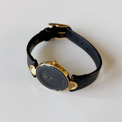 Dior 1990s Black Round Dial Gold Plated Watch