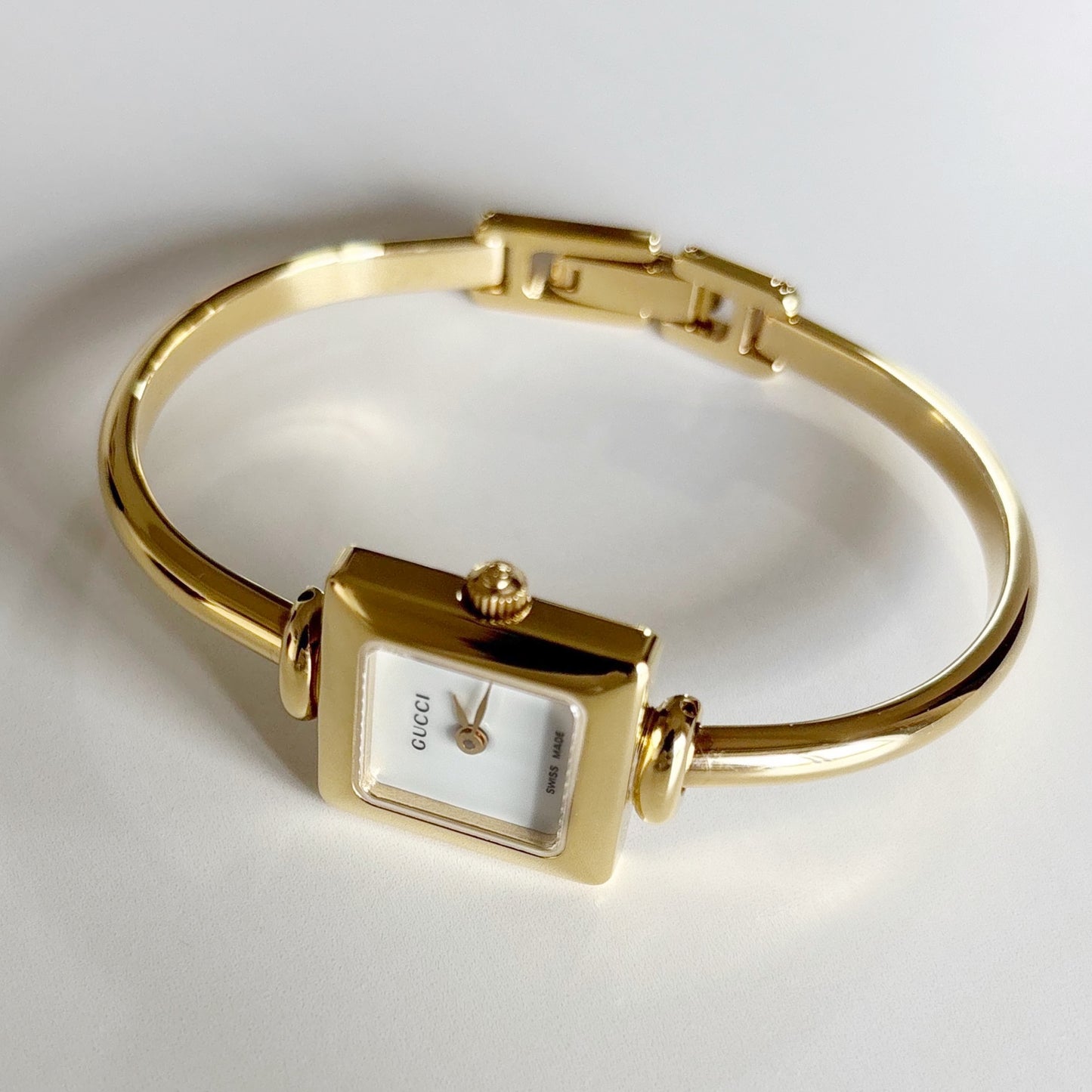 Gucci 1990s Square Dial Gold Plated Bangle Watch
