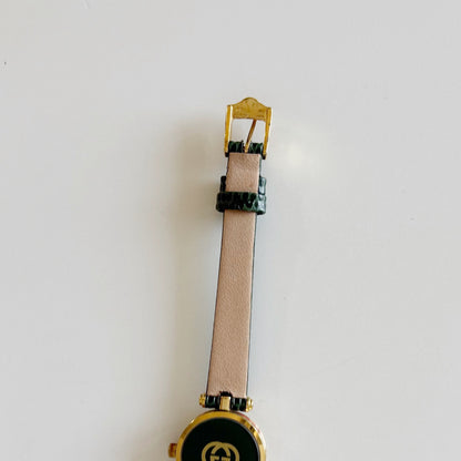 Gucci 1990s Round Dial Green Gold Plated Watch