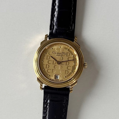 Dior 1990s Date CD Logo Round Dial Gold Plated Watch