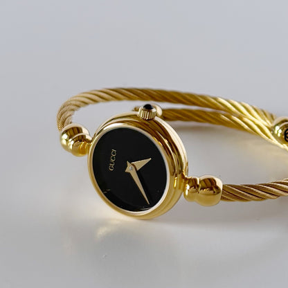 Gucci 1990s Black Dial Gold Plated Cable Band Bangle Watch