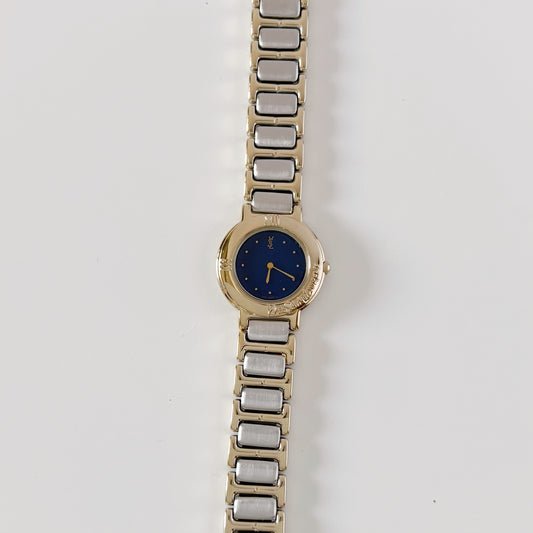 Yves Saint Laurent 1990s Navy Round Dial Two-Tone Gold-Plated Watch