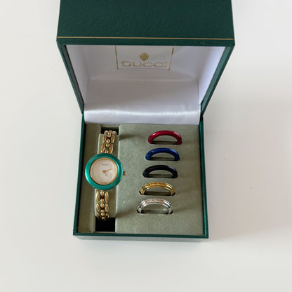 Gucci 1990s Interchangeable Bezel Gold Plated Rice Chain Watch with 6 bezels, case (166mm)