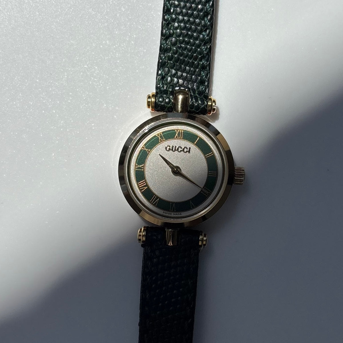 Gucci 1990s Round Dial Cherry Green Gold-Plated Watch