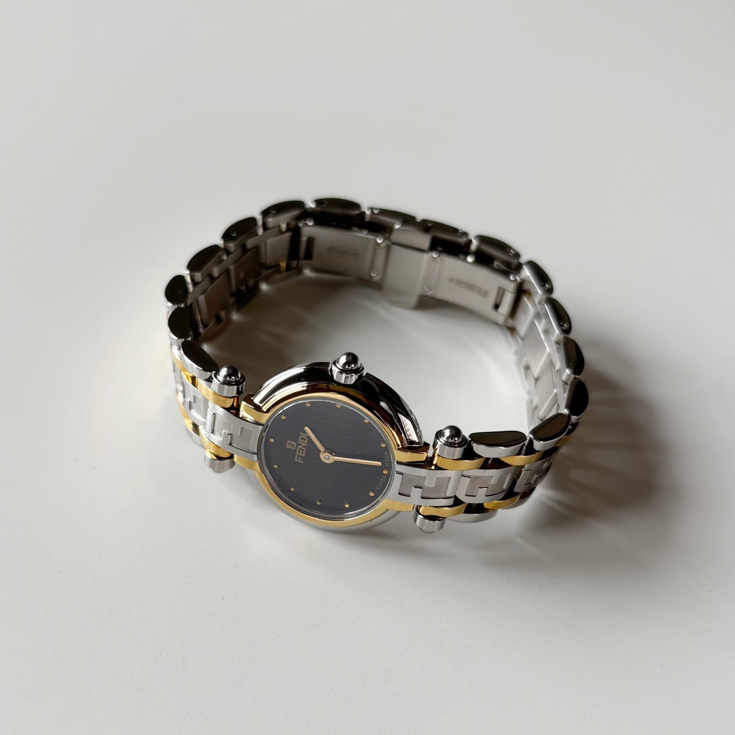 Fendi 1990s Black Round Dial Two Tone Watch
