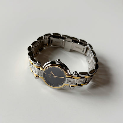 Fendi 1990s Black Round Dial Two Tone Watch