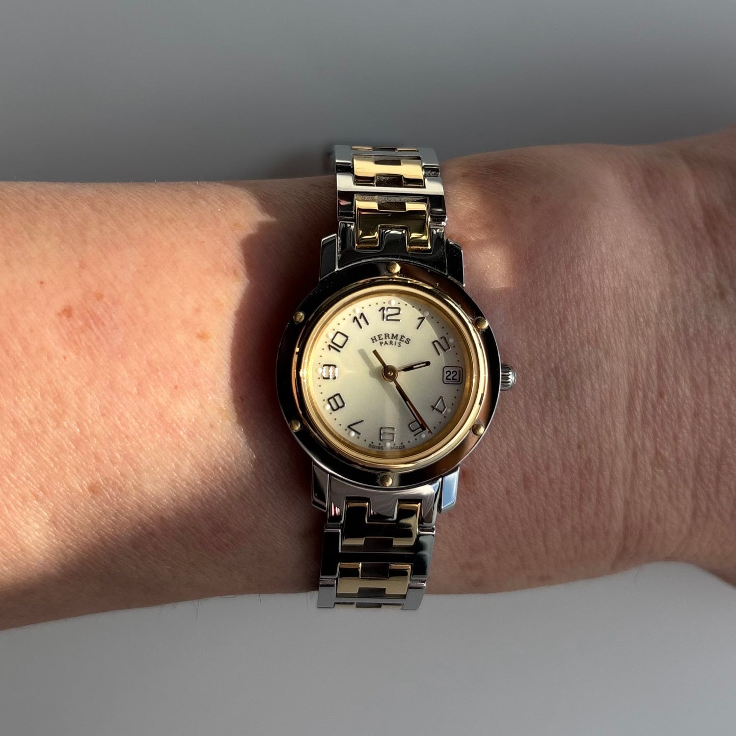 Hermes Early 2000s Clipper Seashell Dial Gold Plated Two Tone Watch