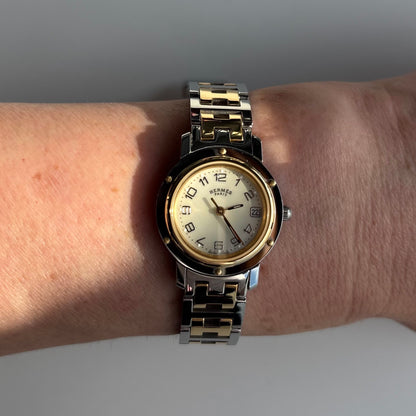 Hermes Early 2000s Clipper Seashell Dial Gold Plated Two Tone Watch