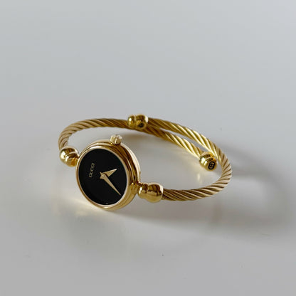 Gucci 1990s Black Dial Gold Plated Cable Bangle Watch