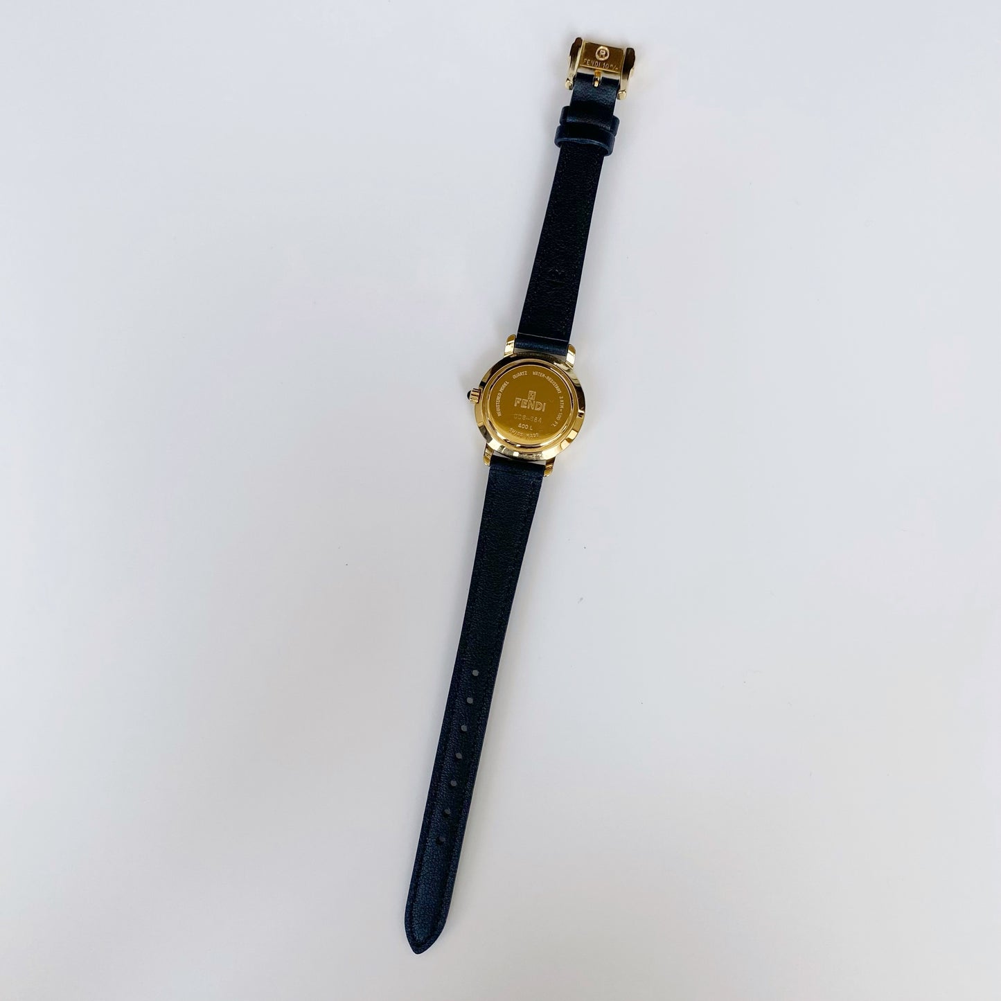 Fendi 1990s Black Dial Gold Plated Round Leather Strap Watch