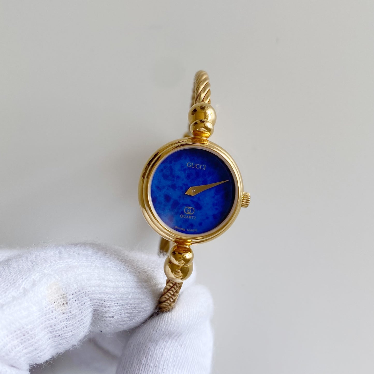 Gucci 1990s Blue Dial Gold Plated Bangle Watch