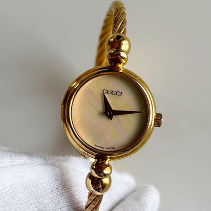 Gucci 1990s Seashell Dial Gold Plated Cable Bangle Watch