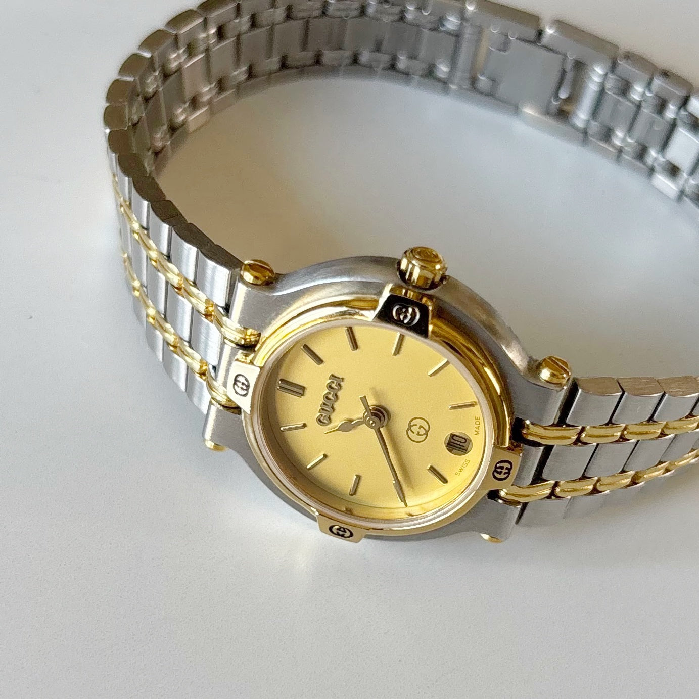 Gucci 1990s Date Round Dial Two Tone Gold Plated Watch