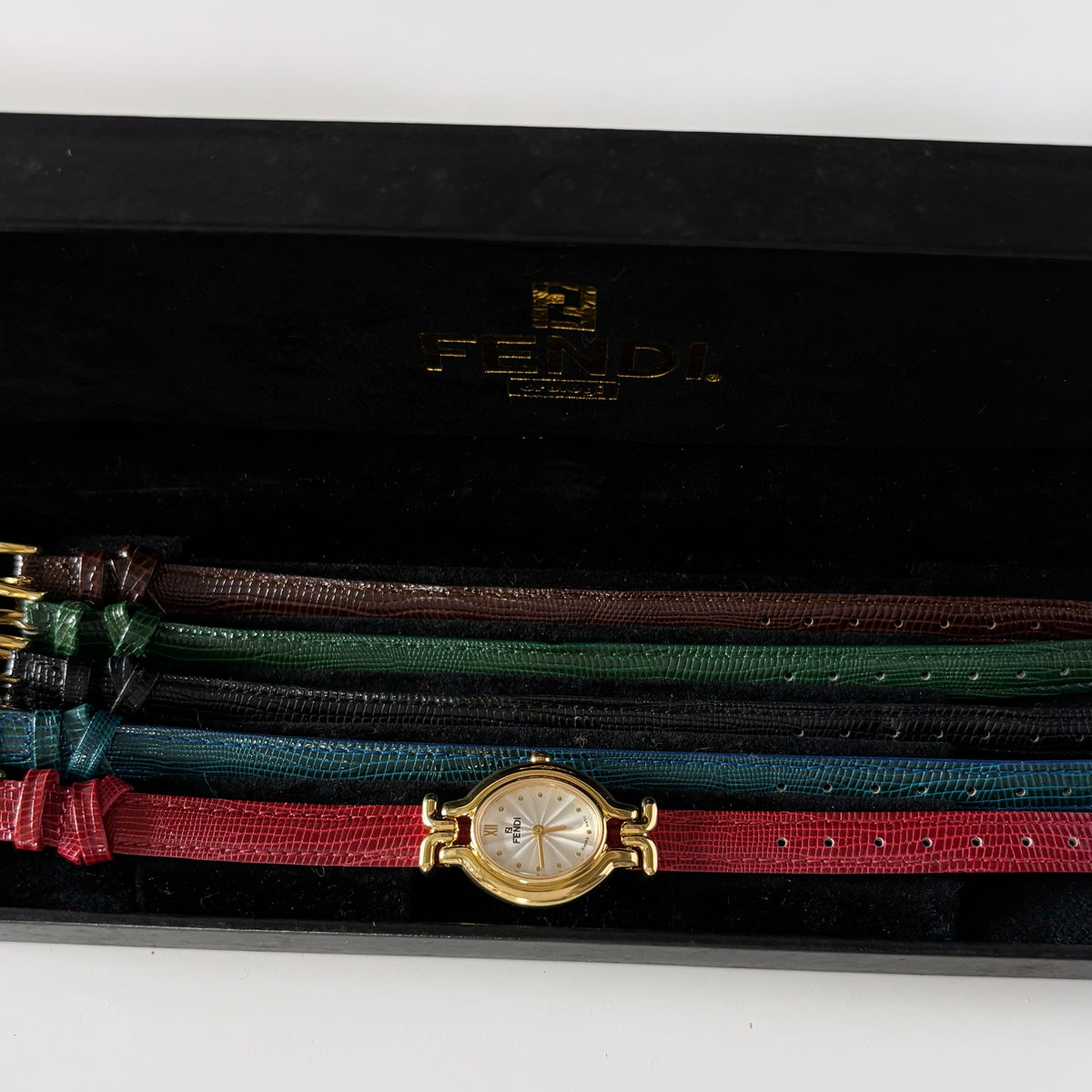 Fendi 1990s Interchangeable Strap Gold Plated Watch with 5 straps, case