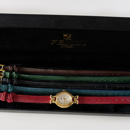 Fendi 1990s Interchangeable Strap Gold Plated Watch with 5 straps, case