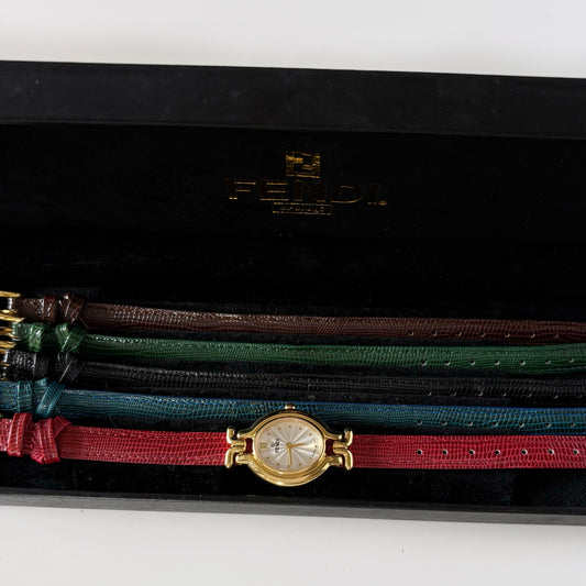 Fendi 1990s Interchangeable Strap Gold Plated Watch with 5 straps, case