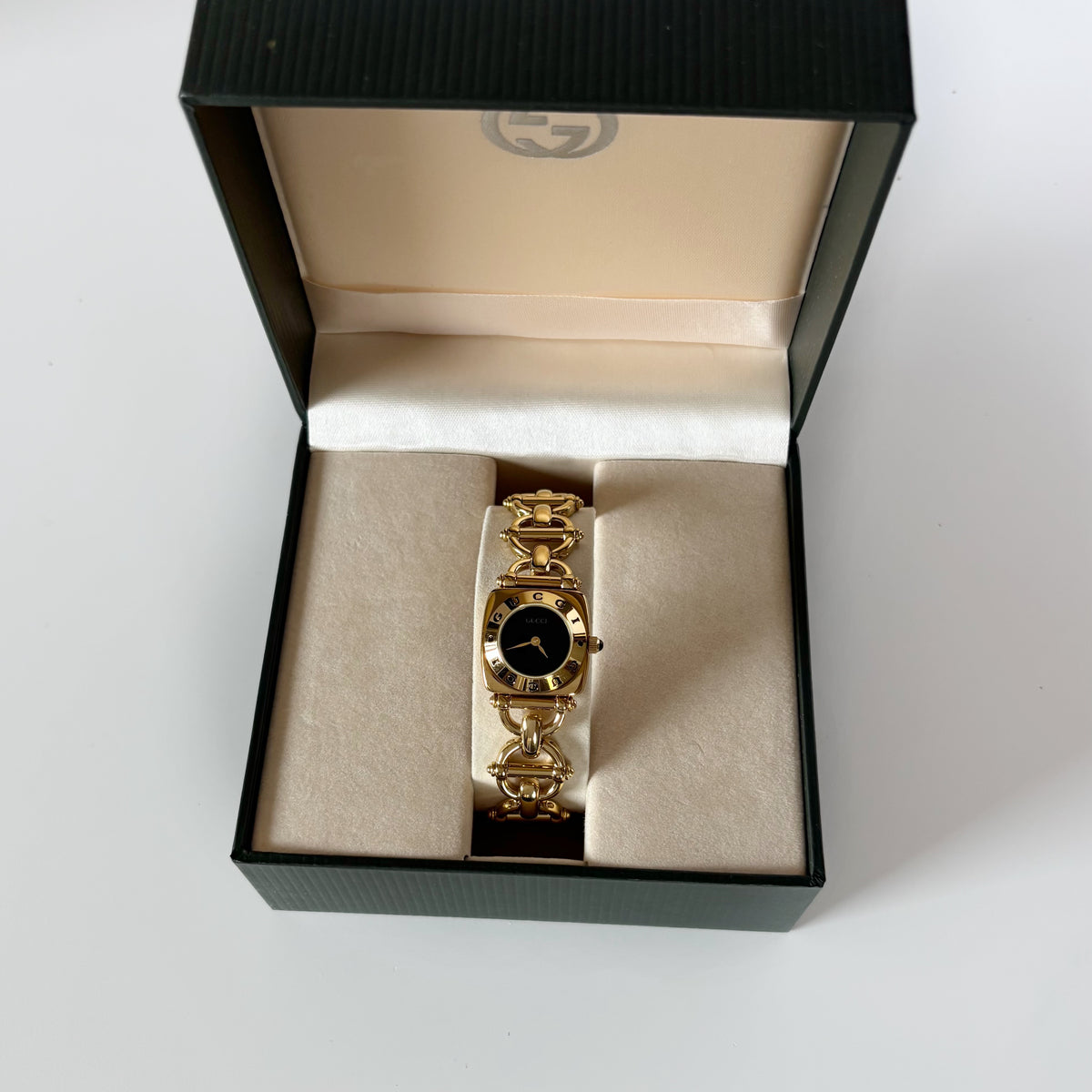 Gucci 1990s Black Dial Gold Plated Horsebit Watch