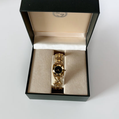 Gucci 1990s Black Dial Gold Plated Horsebit Watch