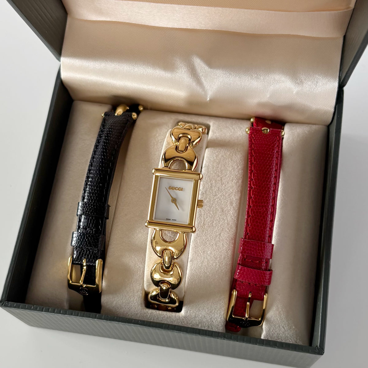 Gucci 1990s Interchangeable Strap Gold Plated Watch with 3 straps, case