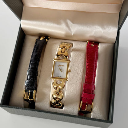 Gucci 1990s Interchangeable Strap Gold Plated Watch with 3 straps, case