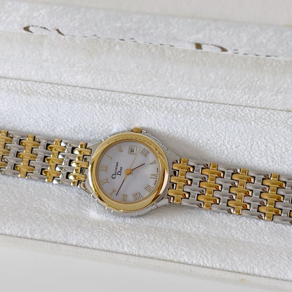 Dior 1990s Date Round Dial Two Tone Gold Plated Watch