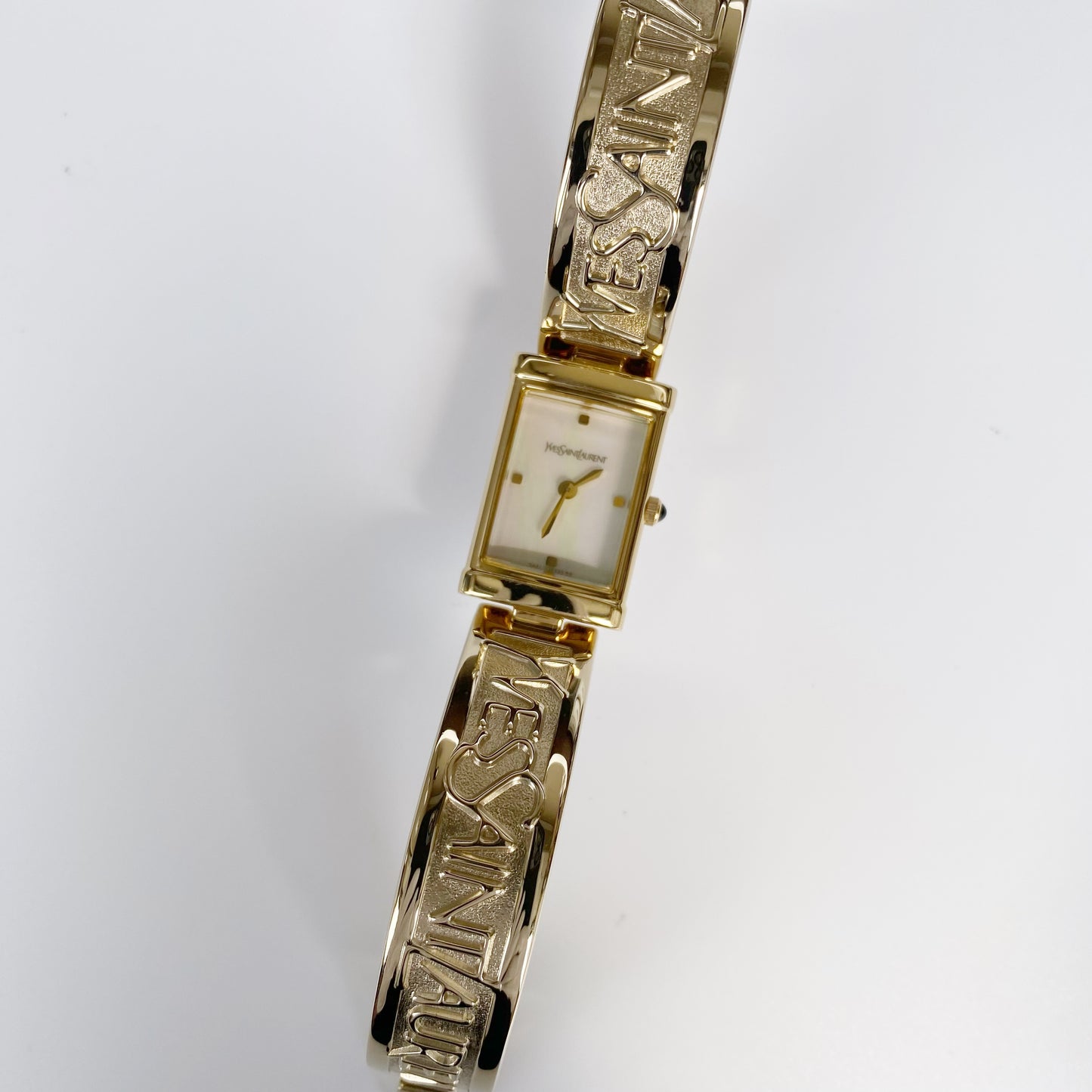 Yves Saint Laurent 1990s Seashell Dial Gold Plated Bangle Watch