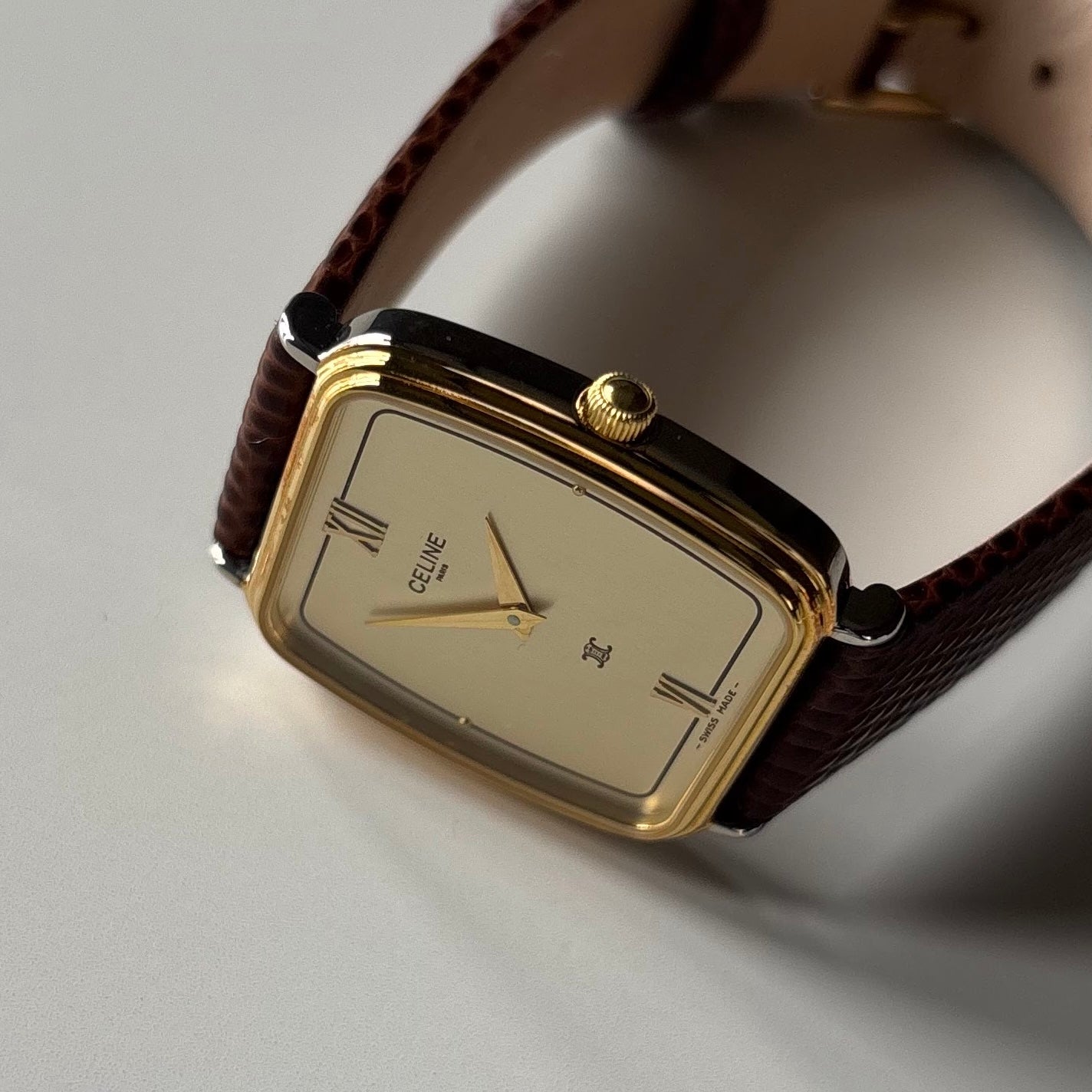 Celine 1980s Rectangular Dial Two Tone Watch (Large)