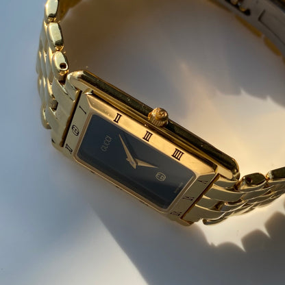 Gucci 1990s Black Dial Tank Gold Plated Watch (Large)