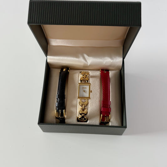 Gucci 1990s Interchangeable Strap Gold Plated Watch with 3 straps, case