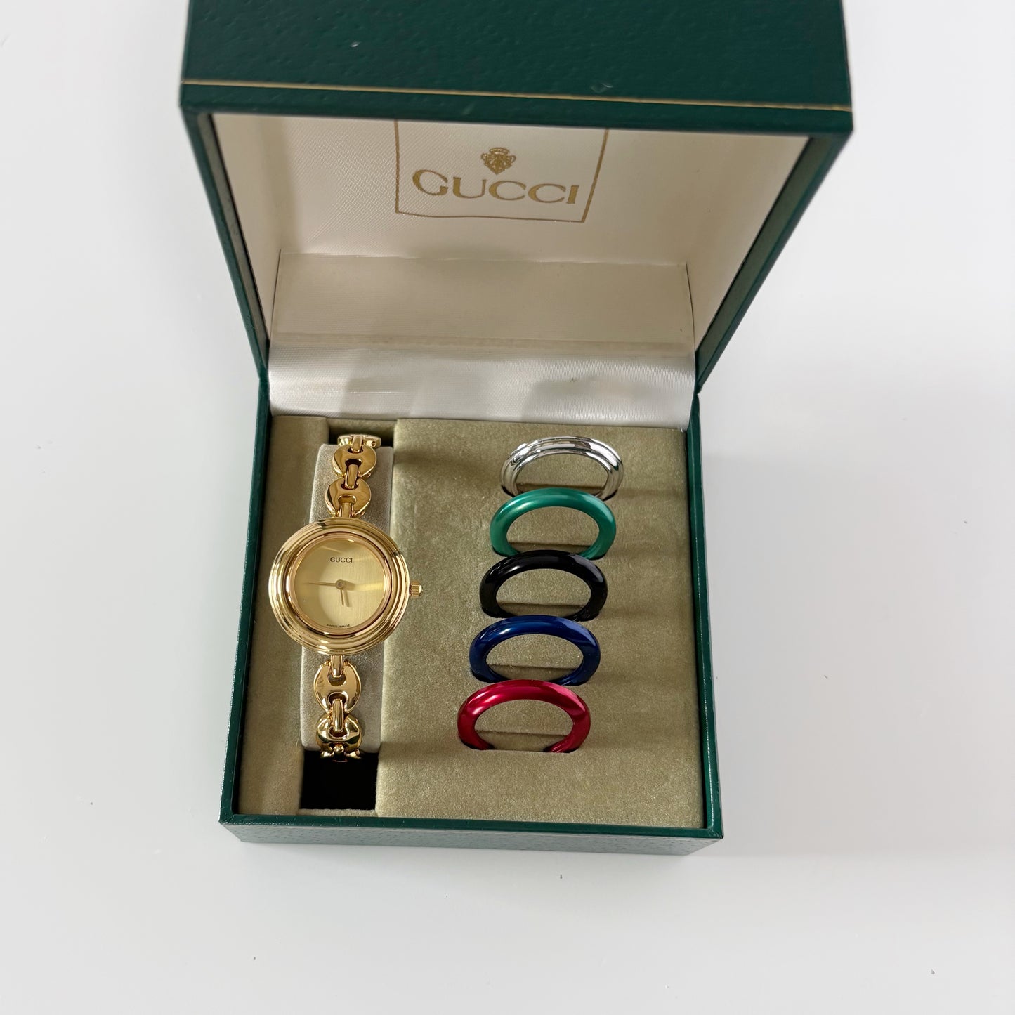 Gucci 1990s Interchangeable Bezel Gold Plated Rice Chain Watch with 6 bezels, case (170mm)