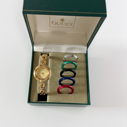 Gucci 1990s Interchangeable Bezel Gold Plated Rice Chain Watch with 6 bezels, case (170mm)