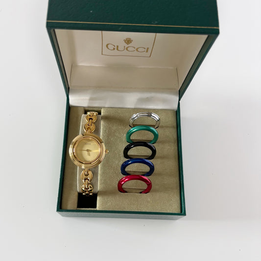 Gucci 1990s Interchangeable Bezel Gold Plated Rice Chain Watch with 6 bezels, case (170mm)