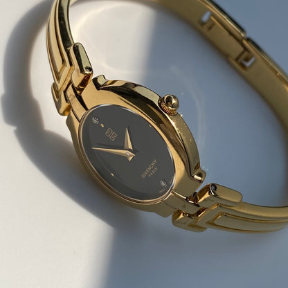 Givenchy 1990s Black Dial Gold Plated Bangle Watch