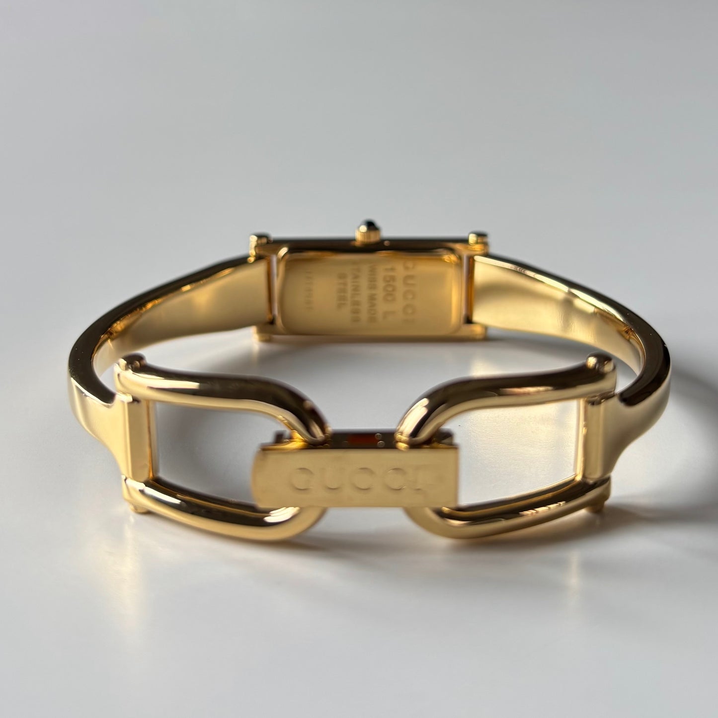 Gucci 1990s Seashell Rectangular Dial Gold Plated Bangle Watch