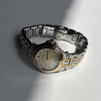 Gucci 1990s Date Round Dial Two Tone Gold Plated Watch