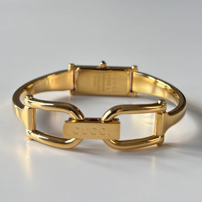 Gucci 1990s Black Rectangular Dial Gold Plated Bangle Watch