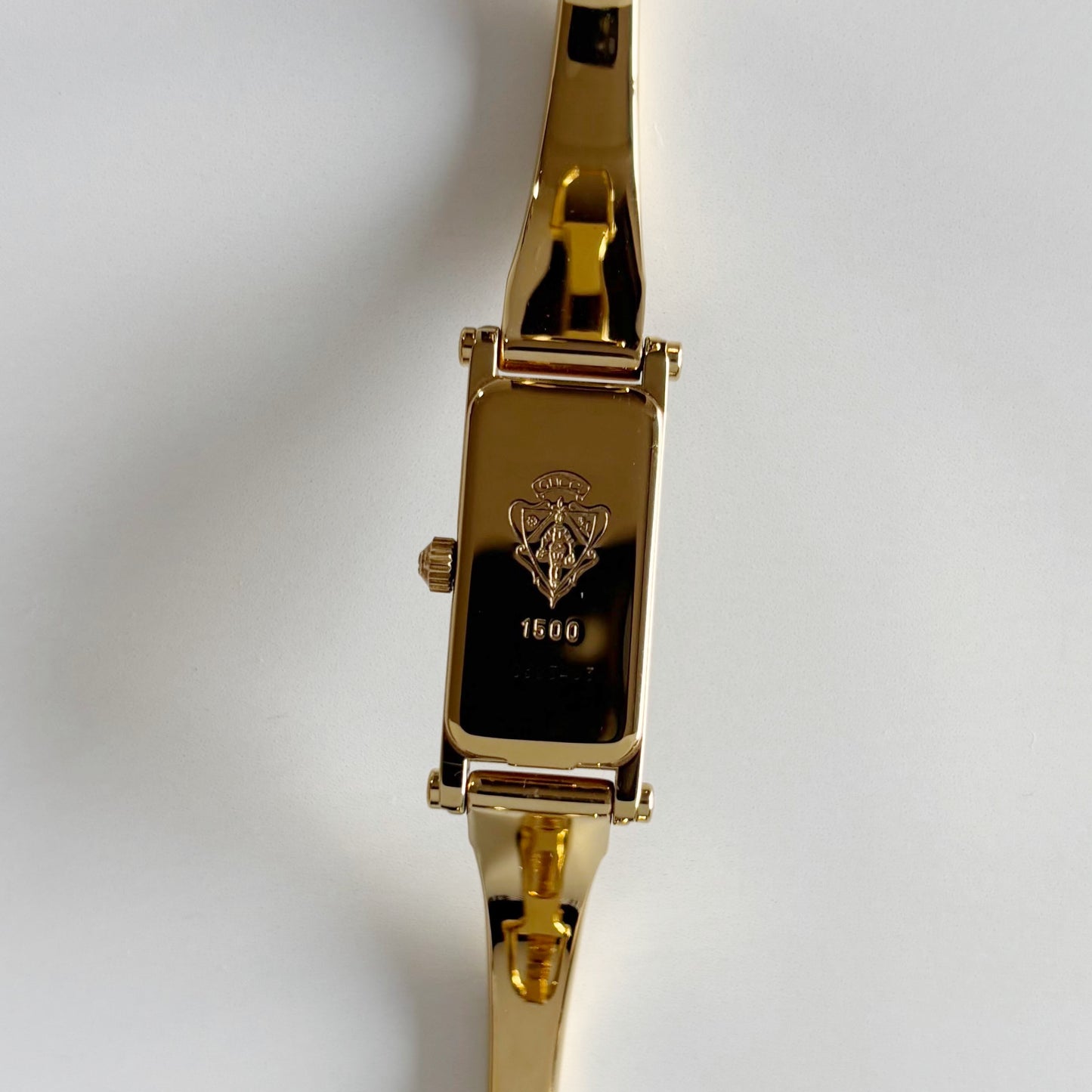 Gucci 1990s Gold Dial Rectangular Gold Plated Bangle Watch