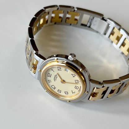Hermes 1990s Cream Round Dial Gold Plated Two Tone Watch