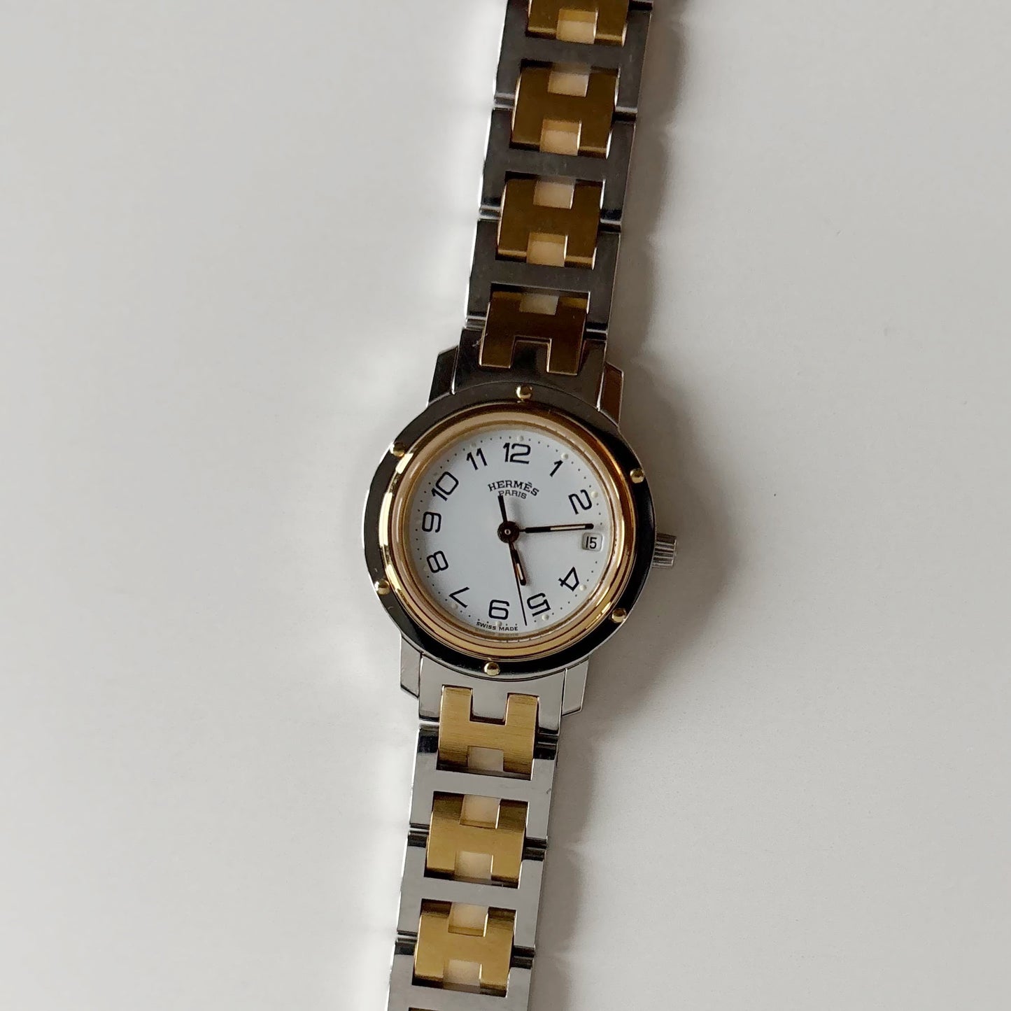 Hermes Early 2000s Clipper White Round Dial Two Tone Watch