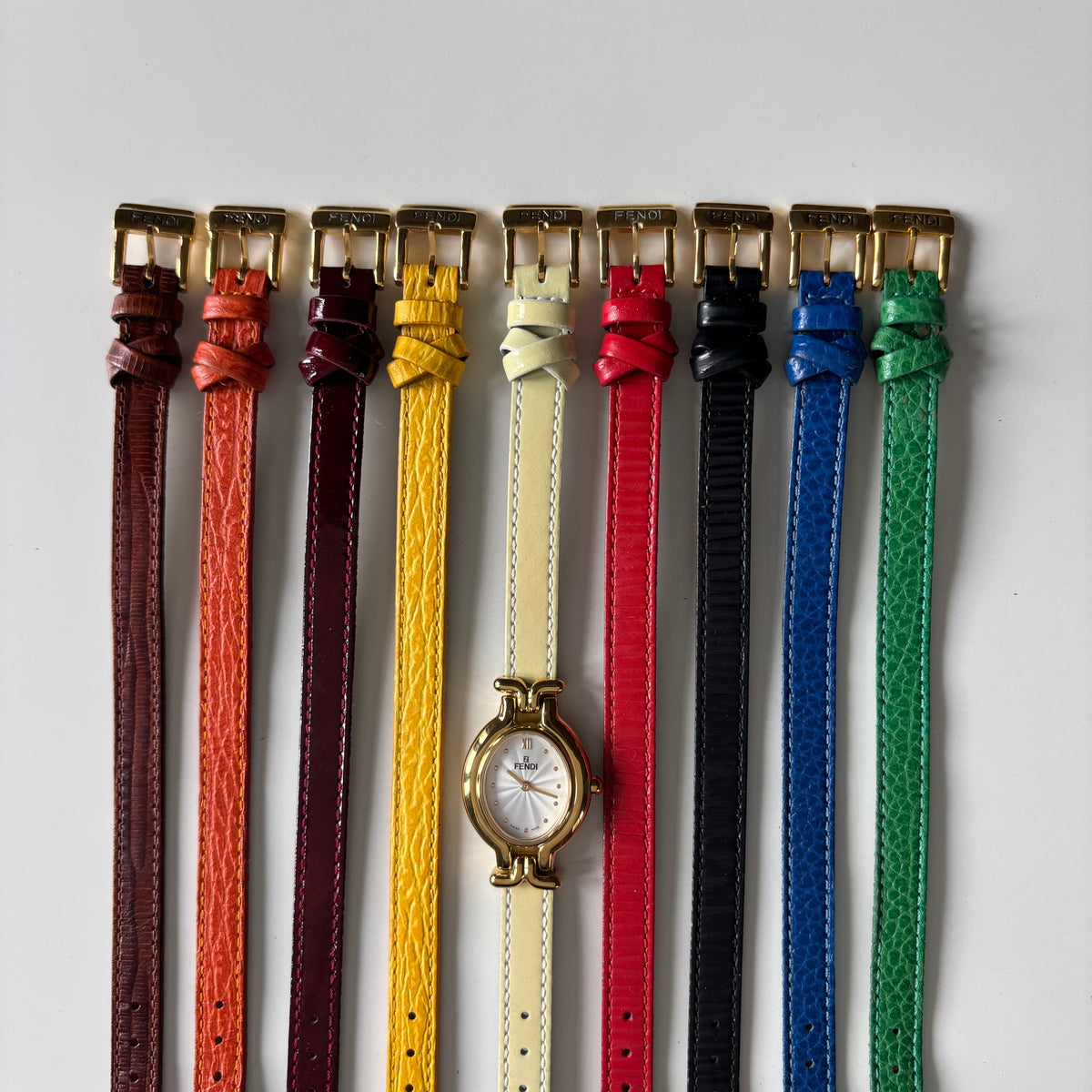 Fendi 1990s Interchangeable Strap Gold-Plated Watch with 9 Straps and Case