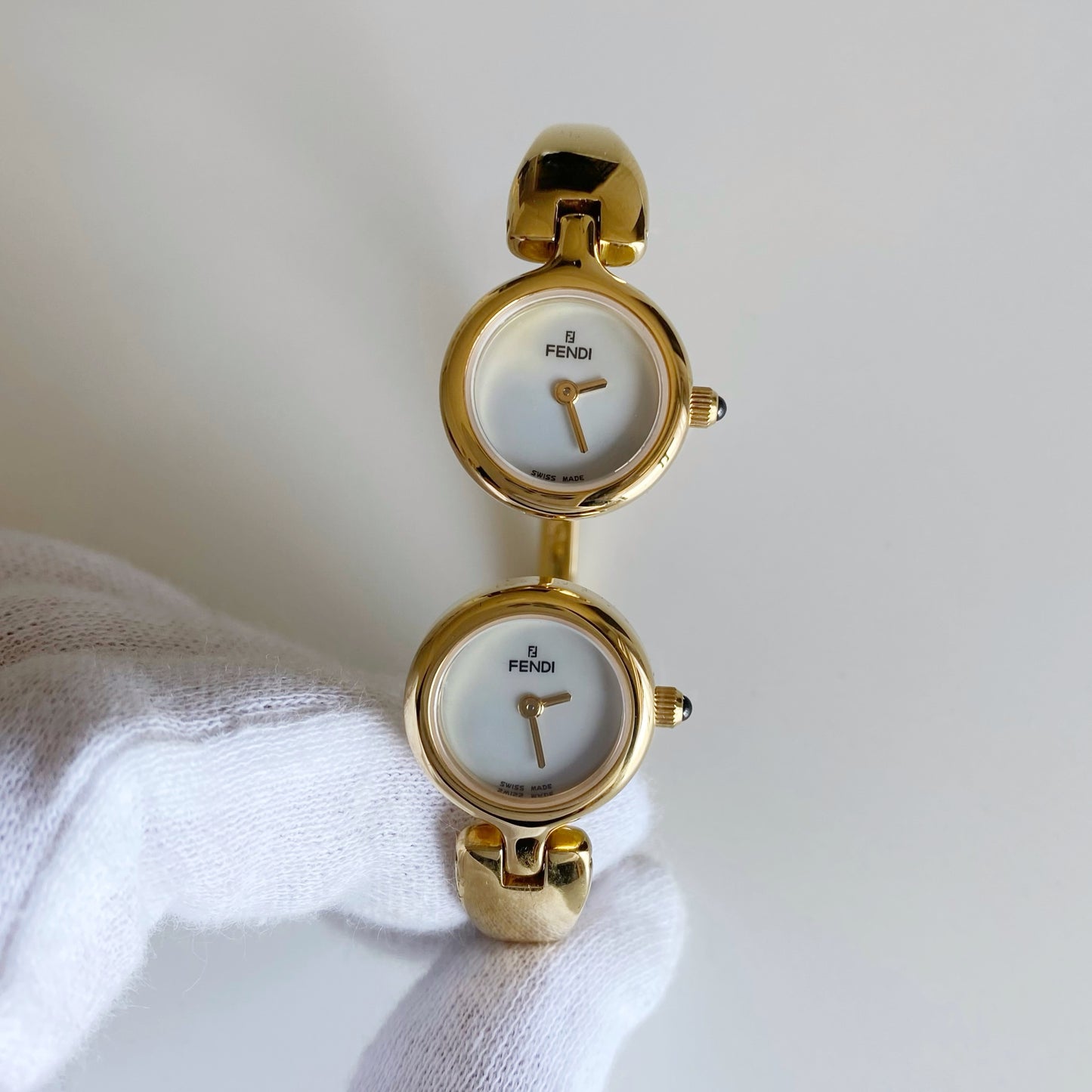 Fendi 1990s Seashell Dial Two Time Zone Gold Plated Bangle Watch