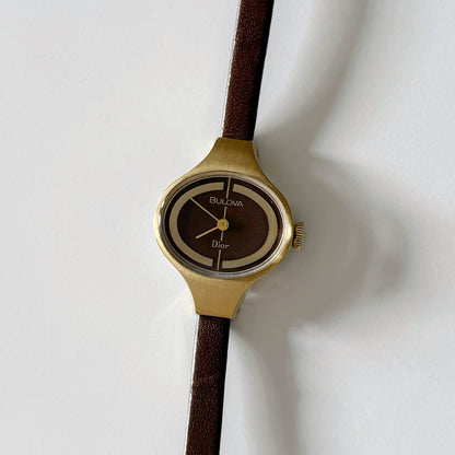 Dior x Bulova 1970s Hand-Winding Gold Plated Oval Leather Watch