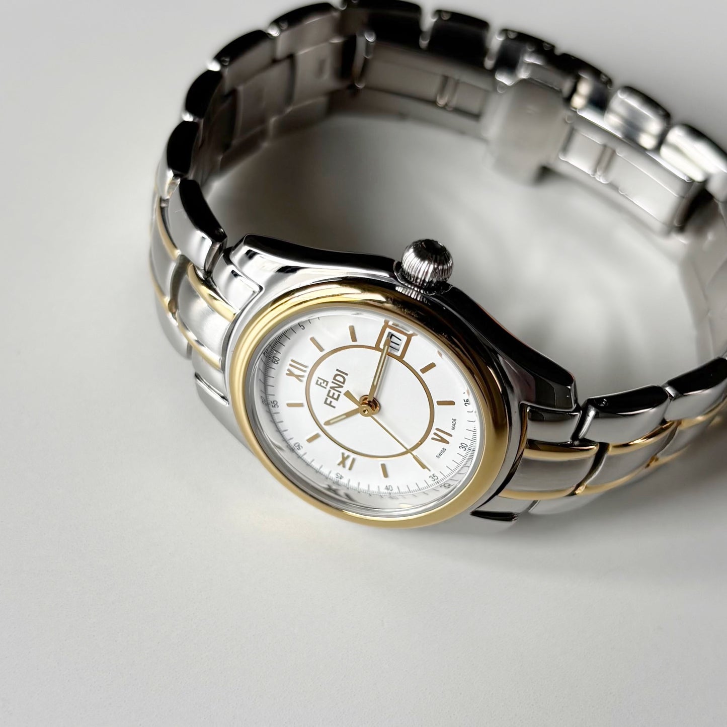 Fendi 1990s Round Dial Date Two Tone Gold Plated Watch