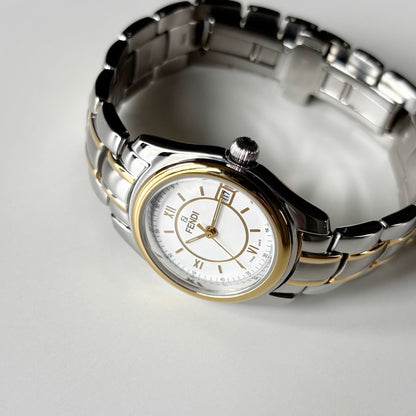 Fendi 1990s Round Dial Date Two Tone Gold Plated Watch