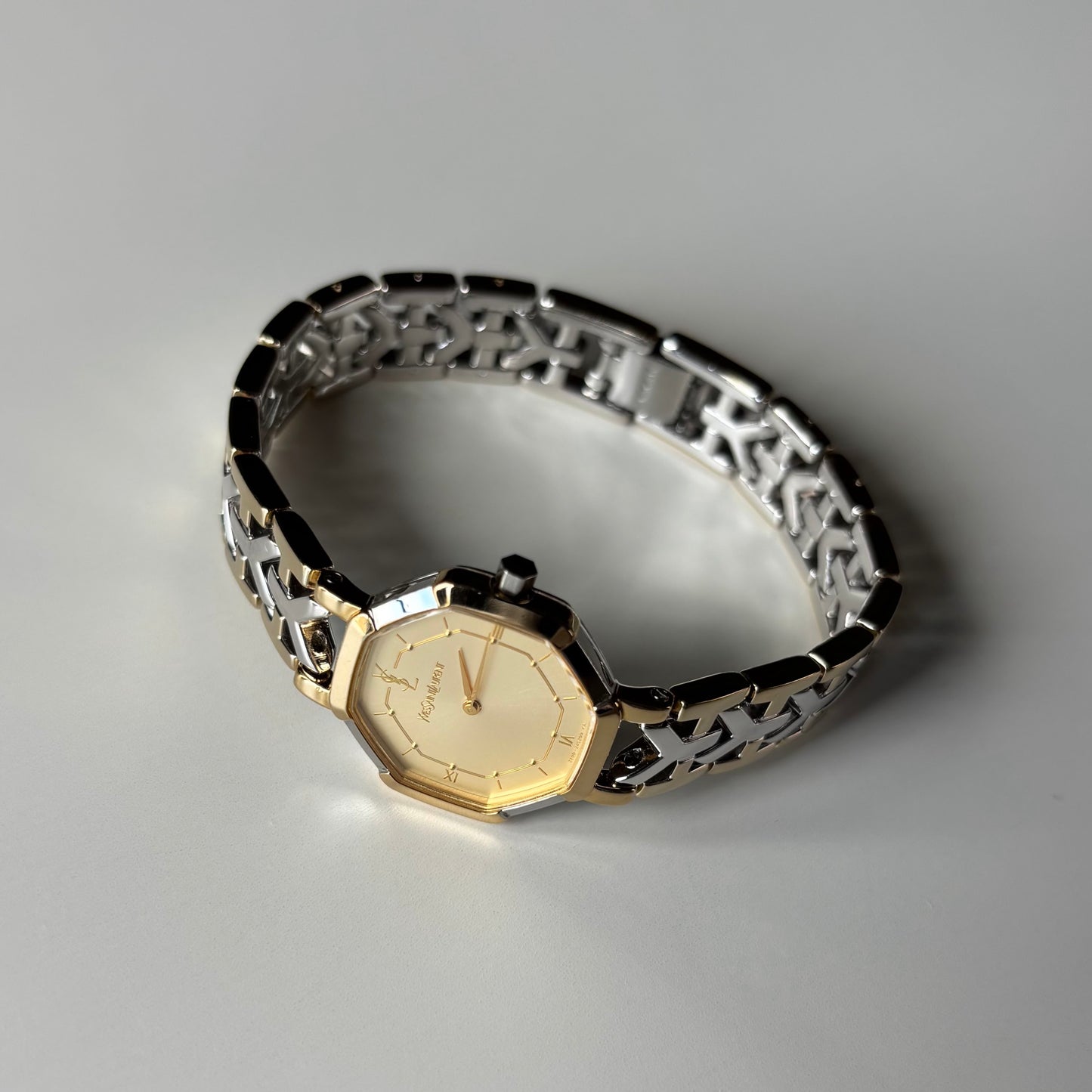 Yves Saint Laurent 1990s Octagon Gold Plated Two Tone Watch