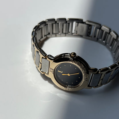 Yves Saint Laurent 1990s Black Round Dial Two Tone Gold Plated Watch