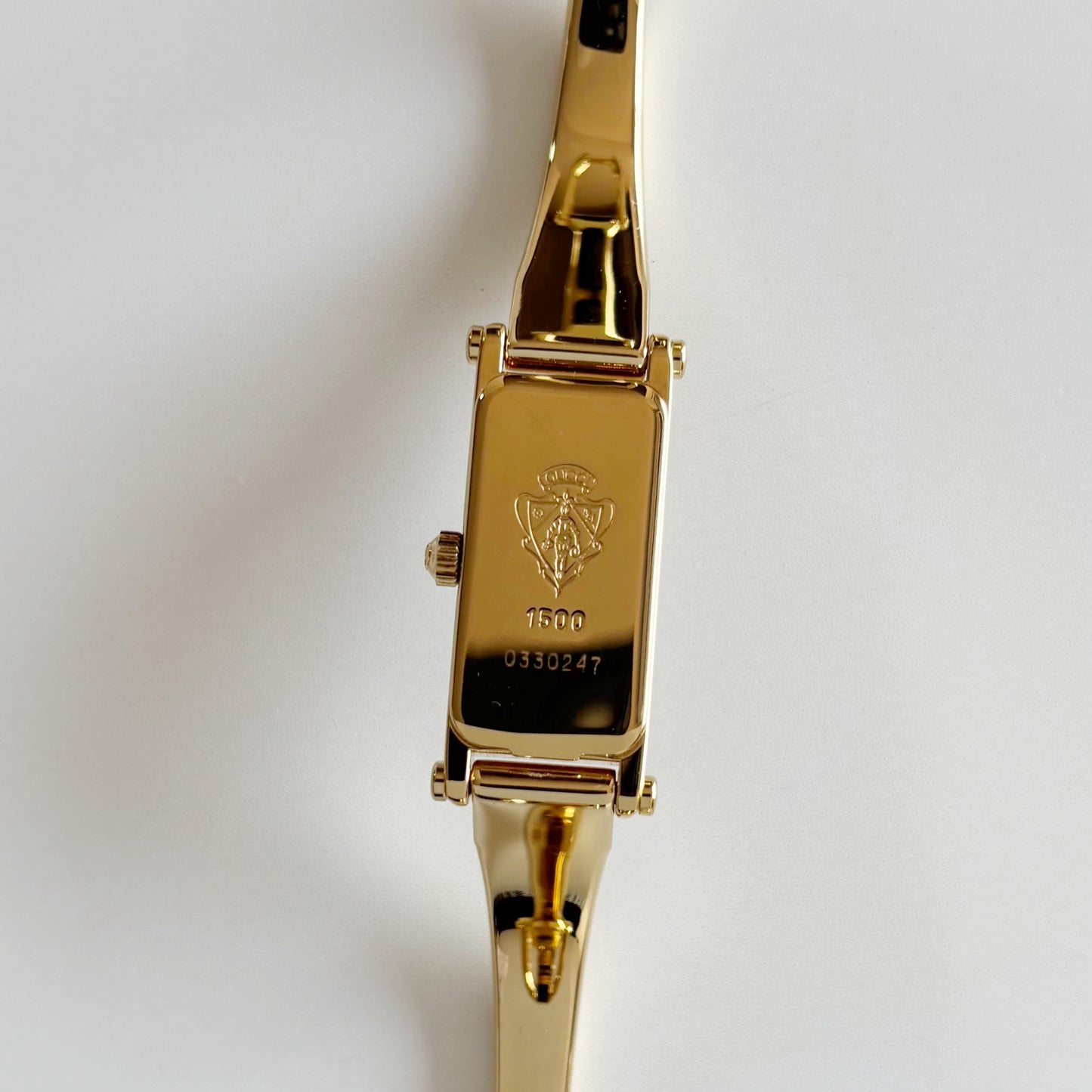 Gucci 1990s Seashell Rectangular Dial Gold Plated Bangle Watch