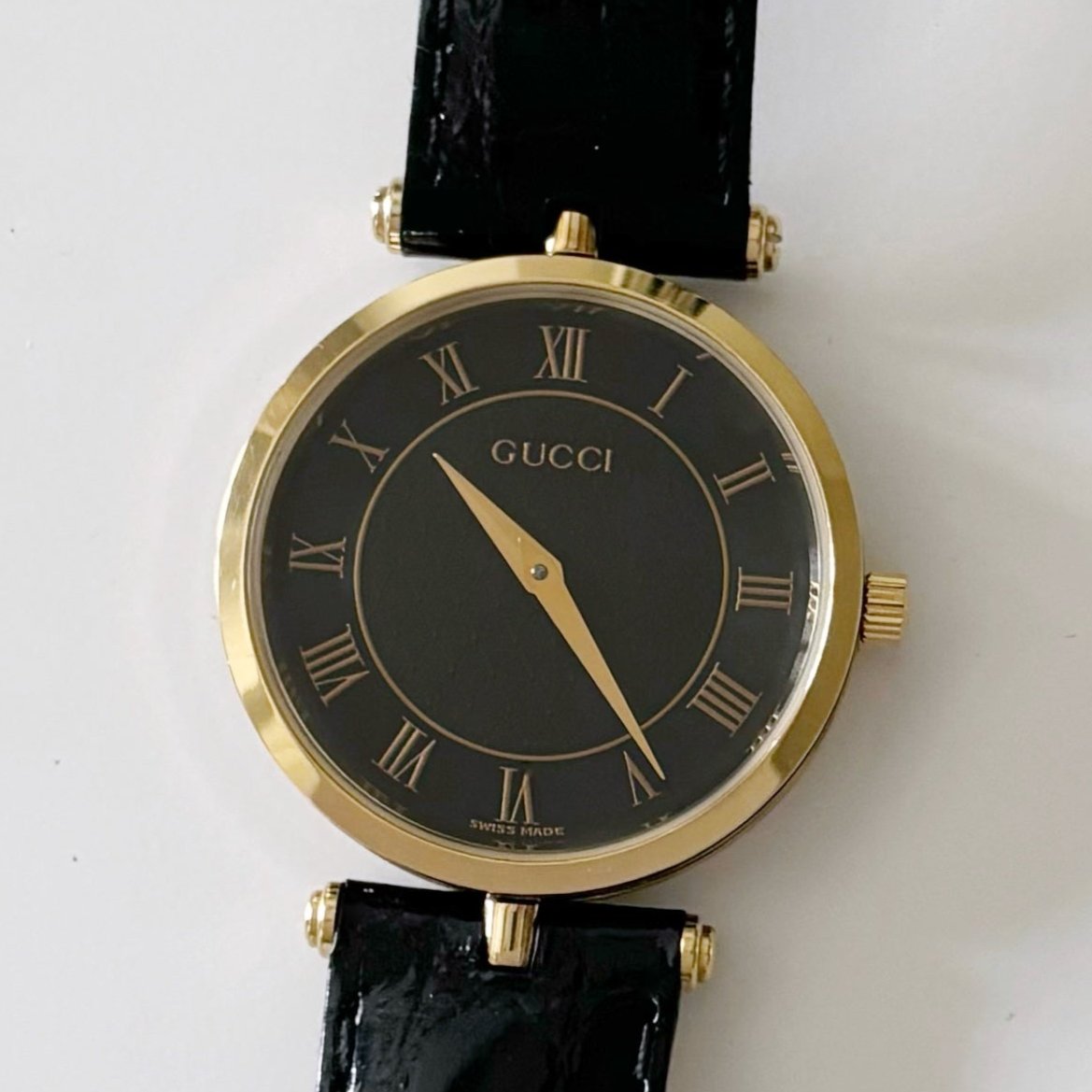 Gucci 1990s Black Dial Gold Plated Black Leather Watch