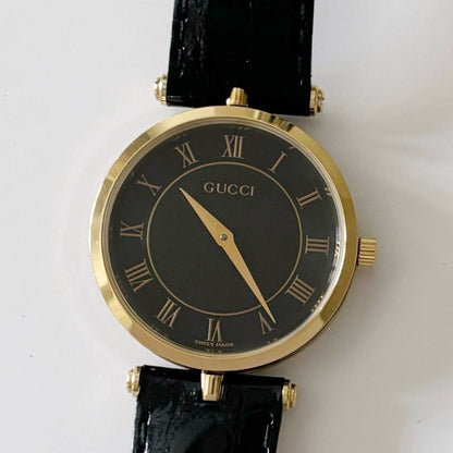 Gucci 1990s Black Dial Gold Plated Black Leather Watch